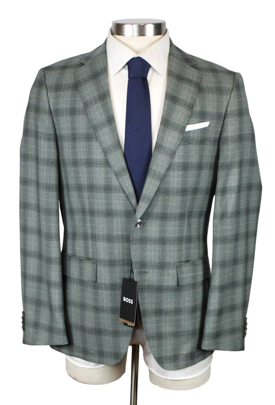 Hugo Boss Hutson Sport Coat 38 R Mens Slim Fit Light Green Plaid Virgin Wool NWT